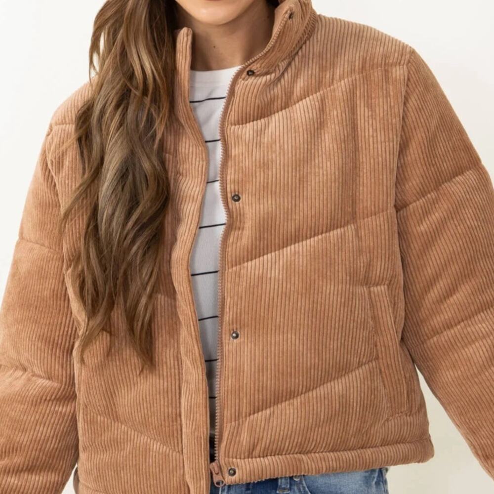 Love Tree (M) Corduroy Tan/Caramel Ribbed Cropped Puffer Jacket Coat